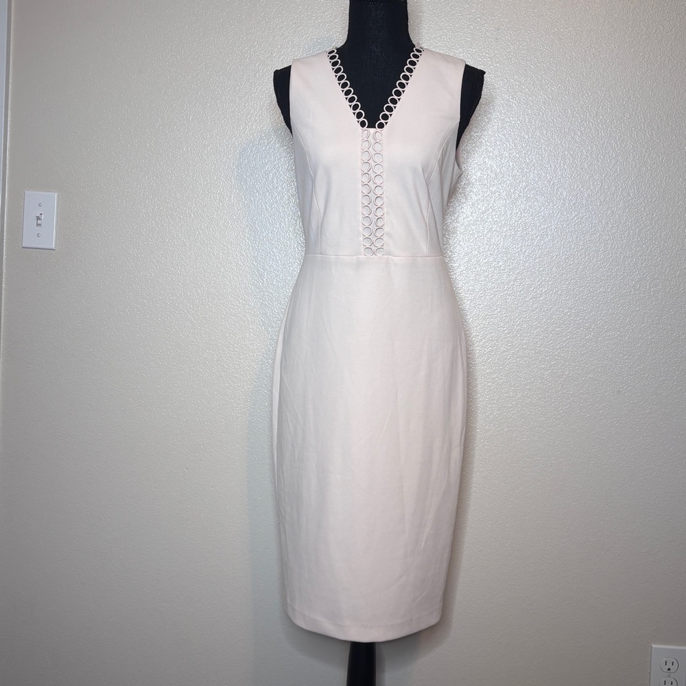 Sleeveless Cream Midi Sheath Dress with Eyelet Trim